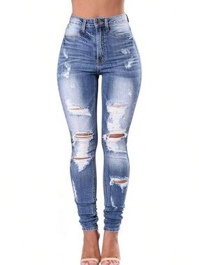 High-Waist Distressed Skinny Jeans - Light Blue